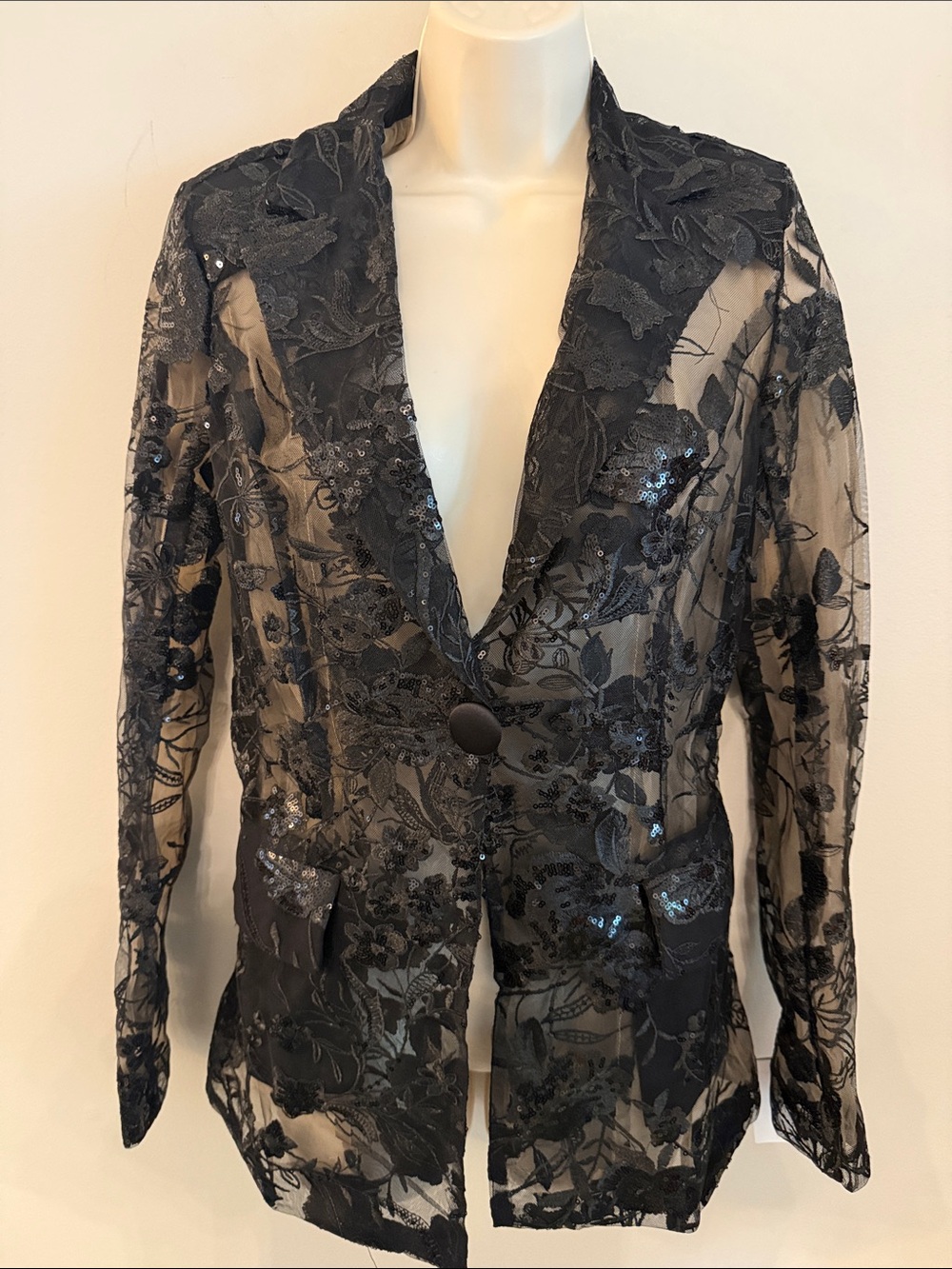 Fashion Nova Black Sheer Lace Sequin Blazer and Pant Set size Small